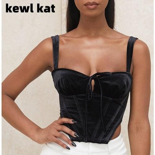 Black Velvet Cupped Corset Top Sexy Women Backless Crop Tops Vest Party Clubwear Sleeveless Tops Fall Sling Zipper Clothes