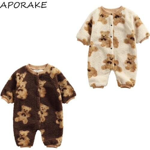 2021 0-24M Infant Baby Winter Fall Romper Bears Print O Neck Button Fly Long Sleeve Fur Jumpsuit For Toddler Boys Girls