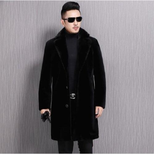 Long faux mink leather jacket mens suit collar warm fur leather coat men loose jackets winter autumn thicken jaqueta de couro