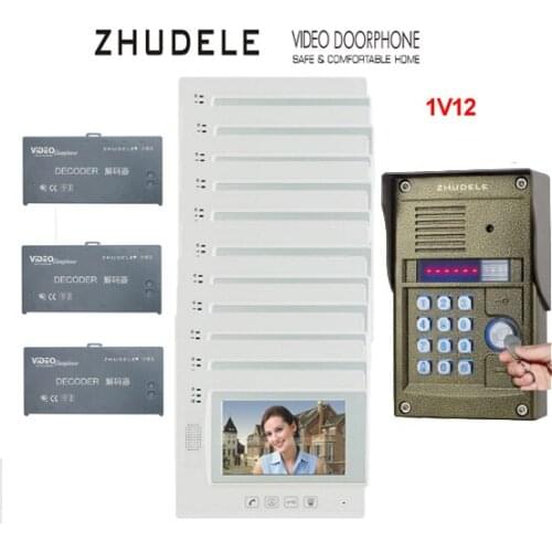 ZHUDELE Building Home security intercom system 12 Units Apartment Video Door Phone Bell Intercom System 7" LCD monitor