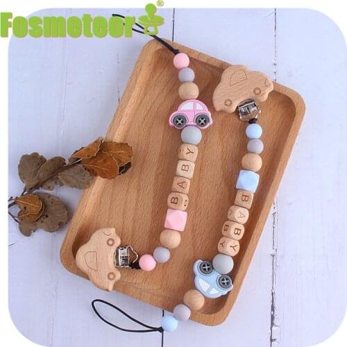 Fosmeteor 1pcs Cartoon Car Silicone Pendant Teething Pacifier Chain Nipple Holder Clips Personlized Name Dummy Clips Gift