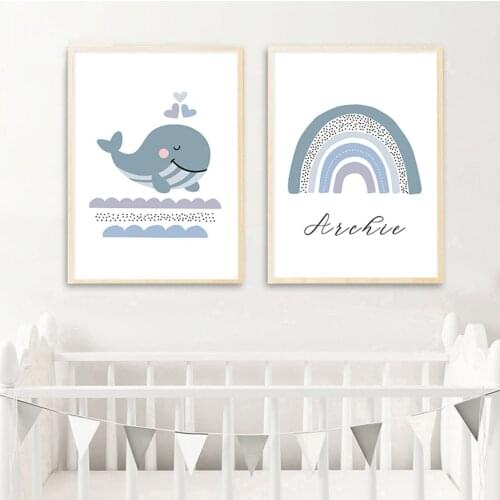 Custom Name Blue Whale Rainbow Nursery Decor Canvas Painting Wall Art Posters POP Pictures for Kids Baby Room Decorations