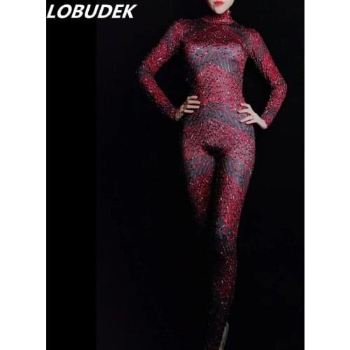 Sparkly Red Rhinestones Spandex Jumpsuit Elastic Skinny Bodysuit Stones Leotard Stage Wear Party Singer Dancer Nightclub Costume