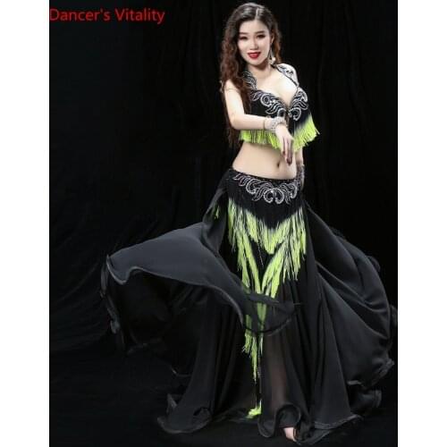 Belly Dance Suit Diamond-Studded Bra+Tassel Belt+ Long Skirt 3-Piece set Female Profession Performance Practice Clothing