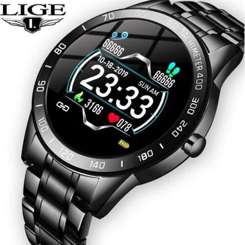 LIGE Pedometer Smart Watch Fitness Tracker Sport iPhone Blood Pressurer Steel Band Waterproof Reloj Men New for Andriod iOS