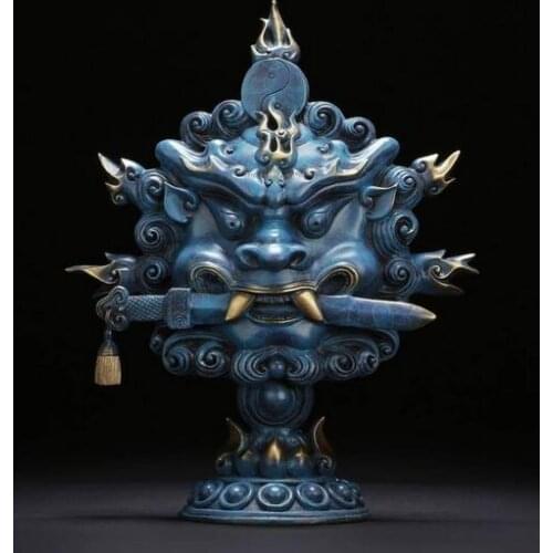 12" Copper Painted Painting Home Talisman Fu Foo Dog Lion Head Bite Sword Statue