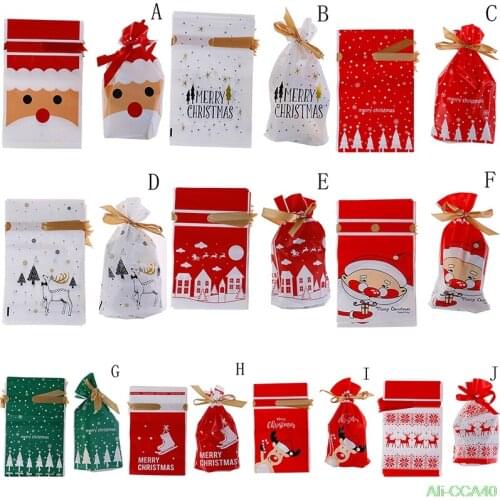 10pcs Christmas Plastic Candy Bags Santa Claus Elk Candy Sweet Treat Bags Xmas New Year Biscuit Bags Gift