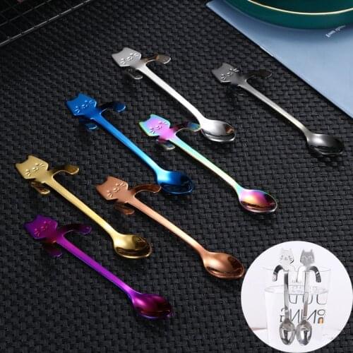 Mini Cute Cat Coffee Spoon Stainless Steel Long Handle Spoon Ice Cream Tableware Spoon Drinking Tools Kitchen Gadgets