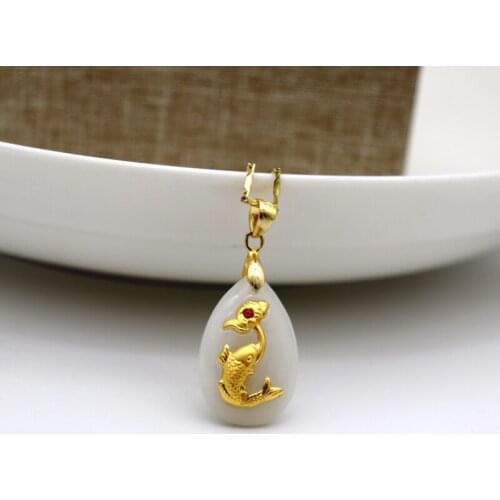 Fashion Design Hetian Jade Necklace For Men Women 24k Gold Fish Flower Pendants Couple Lovers Find Jewelry Hot Sale