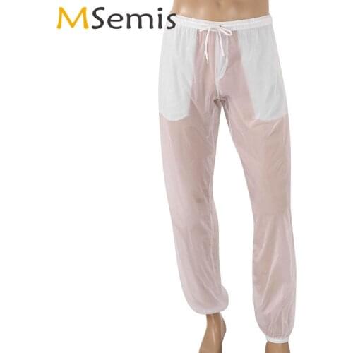 Mens Beachwear Ultra-Thin Long Pants Summer Sexy Low Waist See Through Sheer Trousers Gay Fetish Drawstring Loose Fit Leggings