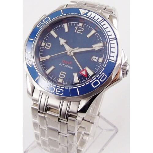Brand 41mm Blue Dial see through back Mens Watch With Automatic GMT Movement Date Window Sapphire Glass