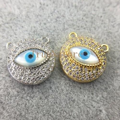 Vintage New Jewelry Gold Or Silver Electroplated Evil Eye Charms Pave Micro Zircon Evil Eye Round Connectors In 14 mm PM5266