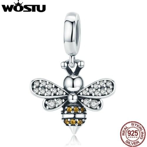 WOSTU 925 Sterling Silver Hot Sell Bee Crystal CZ Chain Bead Charms fit Bracelet Necklace 2019 Fashion Jewelry Party Gift FIC821