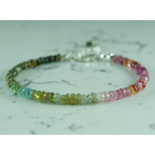Multi Color Tourmaline Bracelet, Gemstone Bead 925 Sterling Silver Jewelry for Women, October Birthstone, hand Made in TURKEY