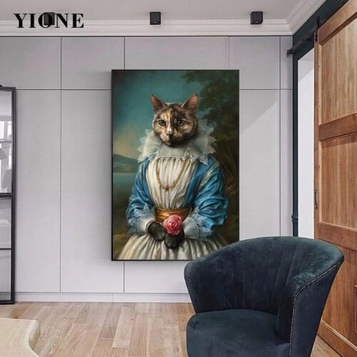 Retro Royal Court Animal Cats Art Canvas Paintings Custom Nobleman Kitten Posters and Prints Wall Picture Home Living Room Decor