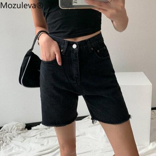 Mozuleva 2021 Summer Vintage Ripped Edges Solid Straight Jeans Shorts for Women Casual High Waist Loose Female Denim Shorts New
