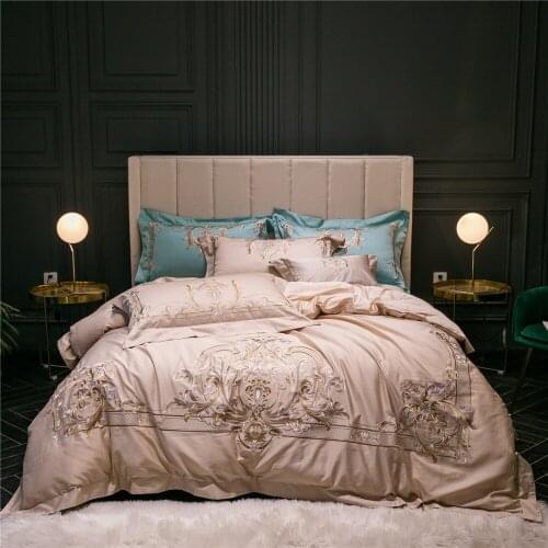 Blue Luxury 100S Egyptian cotton Embroidered Bedding sets Queen King Royal Duvet cover Bed sheet set Pillowcases 4/6pcs Camel