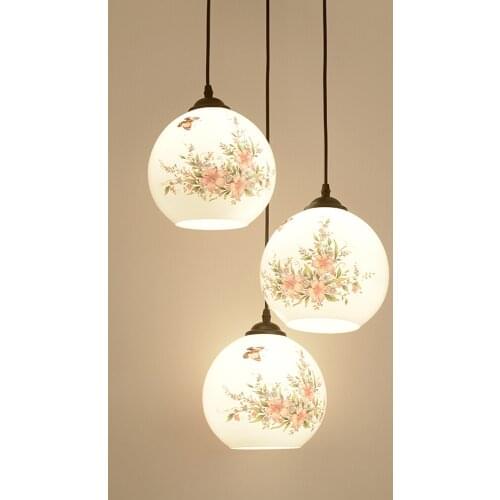 Chinese Printing Glass Dining Room Pendant Light Restaurant Hanging Lamp Bar Counter Birds flowers Pendant Lighting Fixtures