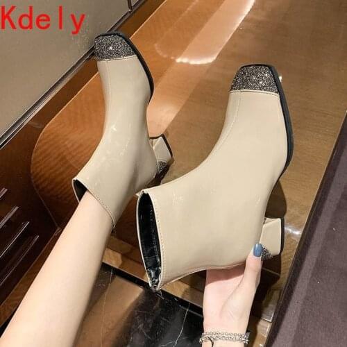 2020NEW Autumn Ladies Martin Boots Square Toe Fashion Temperament Boots Square Heel High Heel Warm Boots Zipper PU Womens Boots