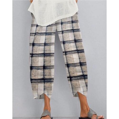 2021 Vintage Trousers Women Elastic Waist Harem Pants Retro Floral Printing Pantalon Turnip Cotton Linen Pants