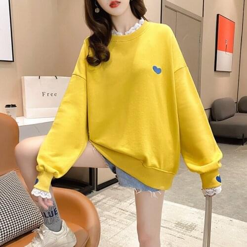 2xl Spring Autumn Thin Loose Top Women 2021 Korean Fake Two Pieces Fairy Lazy Style Embroidery Oversized Sweatshirt Women