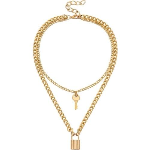 Key Lock Necklace Double Layer Punk Link Chain Padlock Pendant Necklace Hiphop Women Men Fashion Gothic Jewelry
