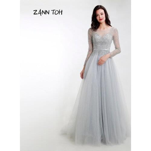 2021 New Elegant Evening Dresses O Neck Long Sleeve With Beading Light Grey Sparkly Tulle Party Dress Robe De Soiree