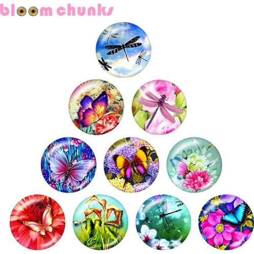 Butterfly Dragonfly flower 10pcs mixed 12mm/18mm/20mm/25mm Round photo glass cabochon demo flat back Making findings A5747