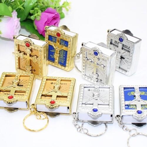 10pcs Gold Silver Mini Holy Bible Keychain Jesus Cross Keychain as Easter Gift for Baptism Holy Communion Guests Party Favors