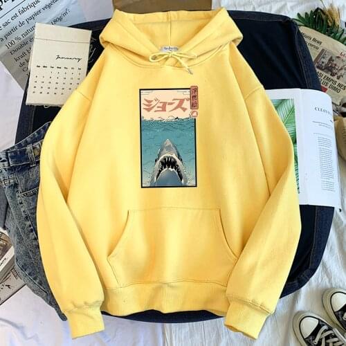 Shark in the sea with Japanese Ukiyo E Hoodie Sweatshirt Street Fashion Hoodies Korean Autumn Sweatshirts Vintage Men Clothing