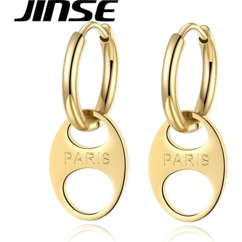 JINSE Stainless Steel Hoop Earrings for Women Fashion Jewelry Punk Gold Metal Huggies Letter Paris Pendientes Bijoux Femme Gifts