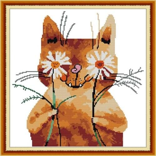 Joy Sunday Cross Stitch Pattern Animal Shy Cat 14CT 11CT Counted Printed Cross Stitch Kit Handmade Embroidery Fabric Needlework