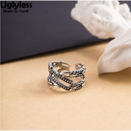 Uglyless 100% Real 925 Sterling Silver Irregular Hollow Square Rings for Women Thai Silver Wild Finger Ring Sexy Fine Jewelry