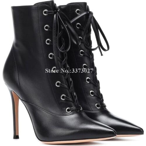 Fashion Black Leather Lace-up Woman Ankle Boots Sexy Pointed Toe Stiletto Heel Short Boots Lady Large Size White Winter Shoes