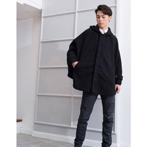 M-4XL woolen coat male 2019 new explosion models short hooded hooded trend bat shirt coat British retro cloak
