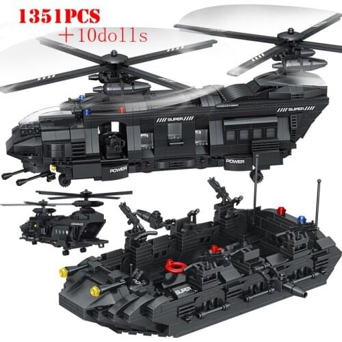 Military SWAT Team Large Model Building Blocks Kits Transport Helicopter City Police Figures Bricks Toys for Children Kids Gift