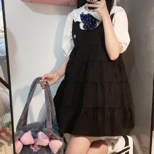 Original Design Cute Girl Women Summer Sleeveless Black Dresss / Peter Pan Collar Puffy Short Sleeve White Blouse Shirt