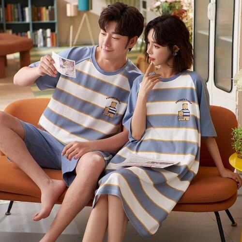 Couple Pajamas Summer Cotton Short Sleeve Cute Cartoon Homewear For Lovers Fashion Korean Blue Stripe Casual Men/Women Sleepwear
