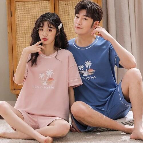 Summer Mens Womens Pajamas Sets Knitted Cotton Pullover Short Sleeve Shorts Lovely Home Clothes Couple Sleepwear Nightwear