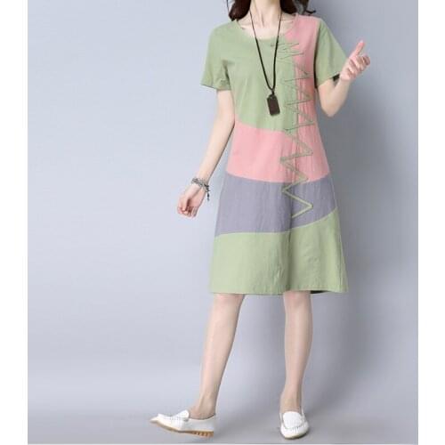 Casual A-line Patchwork Short Appliques Ankle-length Regular Natural O-neck Women Summer Dress Vestidos Ukraine Dress Women