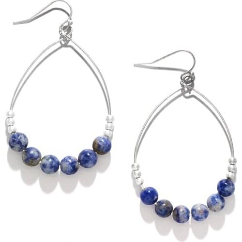Worn silver plated, drop earring, with lapis lazuli semi precious stone, stretch bracelet