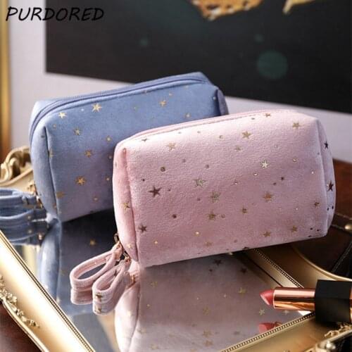 PURDORED 1 Pc Vintage Gold Star Cosmetic Bag for Women Zipper Velvet Makeup Lipstick Bag Female Travel Make Up Beauty Case