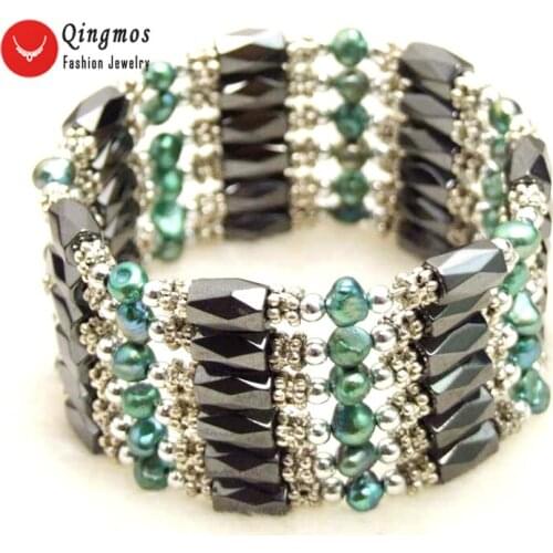 Qingmos Dark Green Pearl Bracelet for Women with 4-5mm Natural Baroque Pearl Black Hematite Magnetic 38'' Long Necklace Bracelet