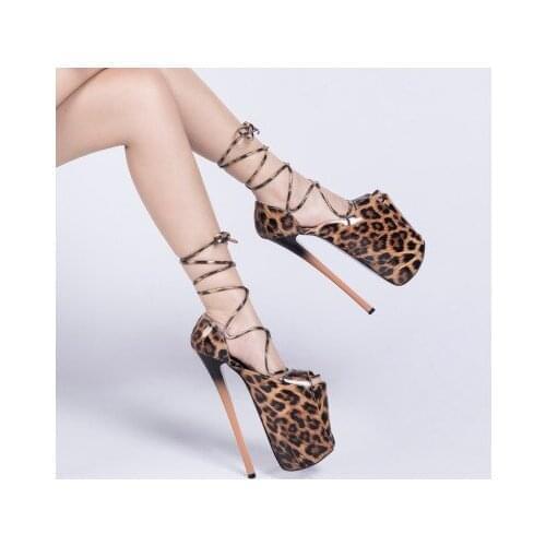 Super high thin heel 22cm strap sandals fish mouth leopard pattern 34-47 large womens shoes thick bottom steel tube dance shoes