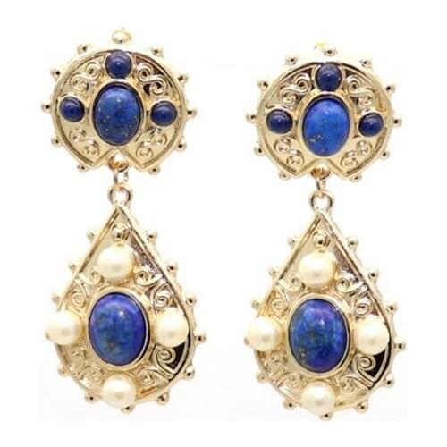 FYSL Light Yellow Gold Color Geometric Shape Lapis Lazuli Stud Earrings with Pearls Vintage Style Jewelry
