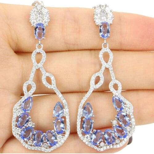 55x21mm 8.2g Long Big Created Pink Kunzite Rhodolite Garnet CZ Womans Wedding Real 925 Solid Sterling Silver Earrings