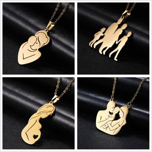 Skyrim Warm Family Pendant Necklace Pregnant Woman Mom Dad Baby Stainless Steel Golden Adjustable Choker Chain Necklaces Jewelry