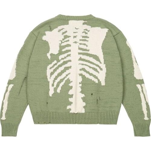 Mens Hip Hop Oversized Sweater Loose Skeleton Bone Printing Woman Top Quality High Street Damage Hole Vintage Knitted Sweater