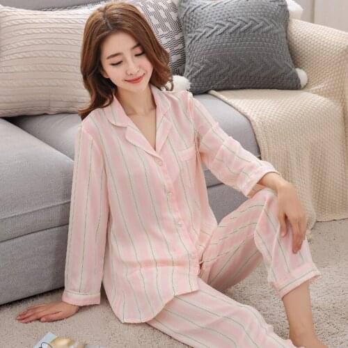 Spring And Autumn Korean WomenS Pajamas Two-Piece Suit Long-Sleeved Artificial Silk Striped Cardigan Lapel Home Service Пижам