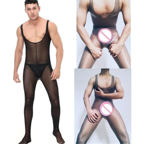 High Elastic Mens Mesh Catsuit Teddy Bodysuit for Man Sexy Transparent Erotic Lingerie Underwear Sleeveless One Piece Jumpsuit